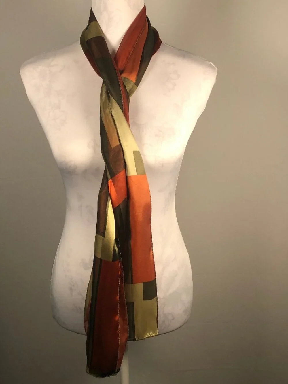 Vintage Silk Feel Geometric Chiffon Scarf — Art Deco Quiet Luxury Wrap